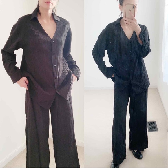 NEW BLACK PLISSE SHIRT AND FLARE PANTS SET - Picture 4 of 7